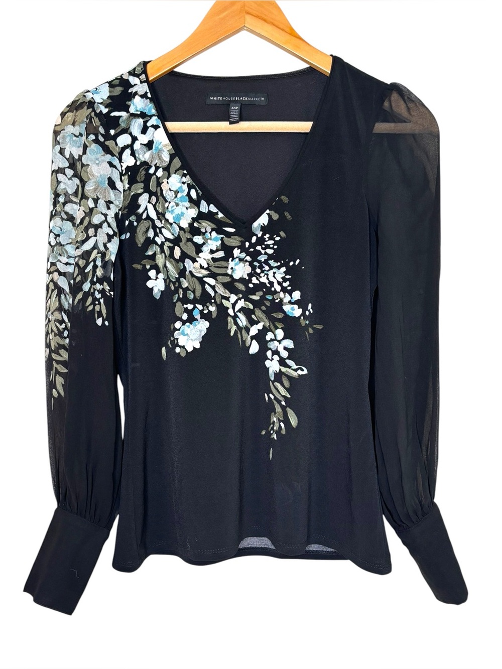 White House Black Market blouse black floral sheer balloon sleeve xsmall petite